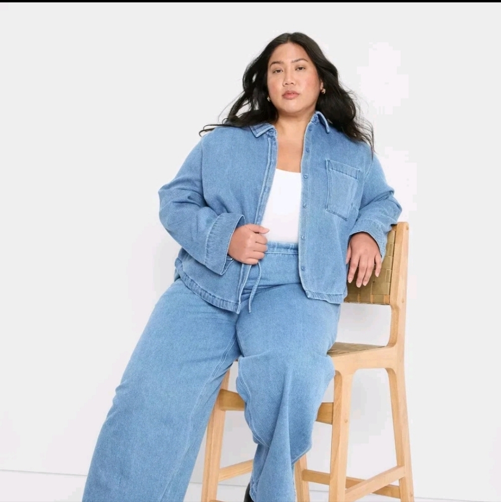2pc Women's Relaxed Denim Button-Down Shirt & Matching Pants Light Blue XXL